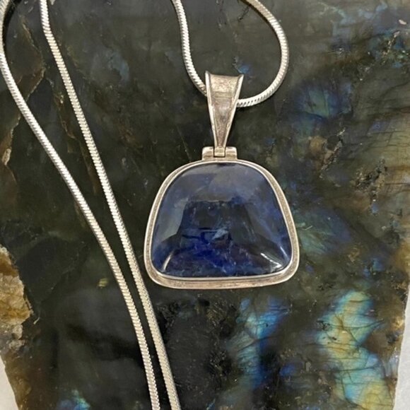 Sterling Silver 925 1.66" Sodalite Hinged Pendant Necklace 18" Snake Chain 24g - Picture 1 of 16